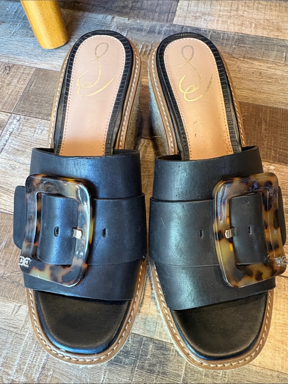 Sam Edelman Black Leather Slide Mules with Tortoiseshell Buckles